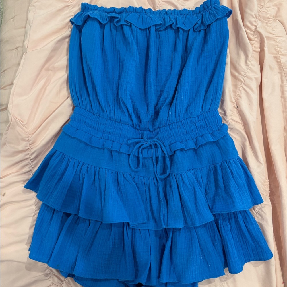 Blue Strapless Ruffle Mini Dress